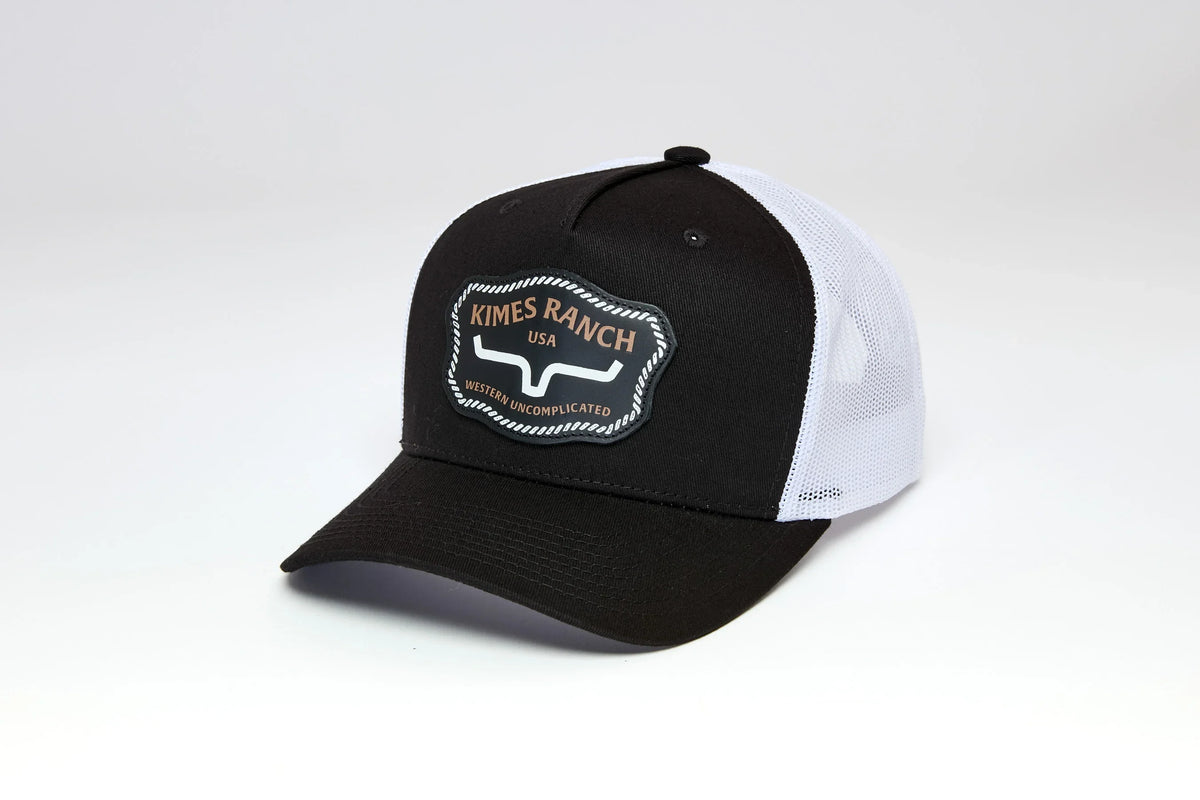 Kimes Ranch Hawkins hat in Black, side view, with white mesh back and Kimes Ranch logo patch
