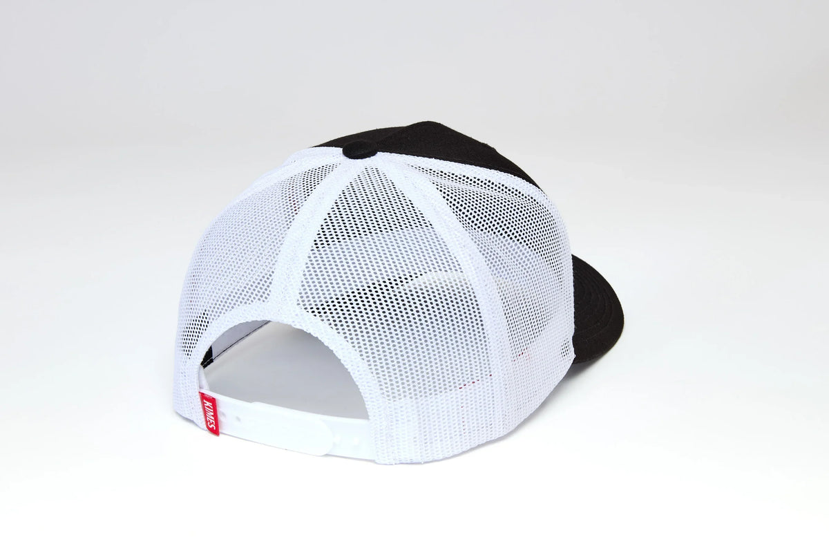 Kimes Ranch Hawkins hat in Black, back view, with white mesh back and adjustable strap