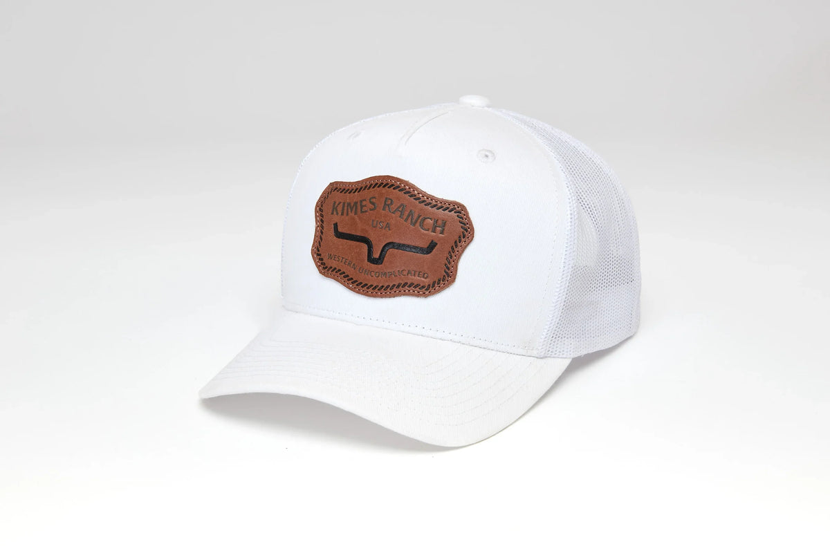 Kimes Ranch Hawkins hat in White with a brown logo patch on the front