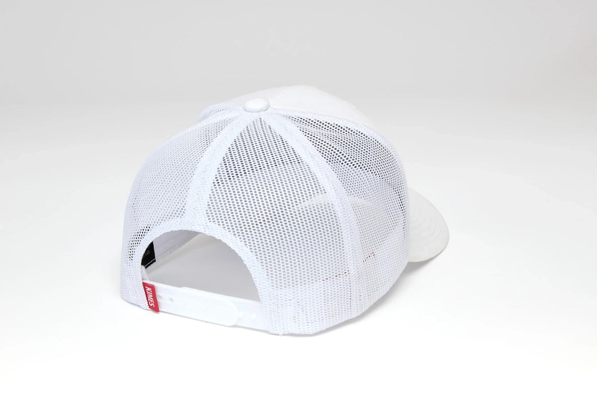 Kimes Ranch Hawkins hat in White, back view, with a mesh back and adjustable strap