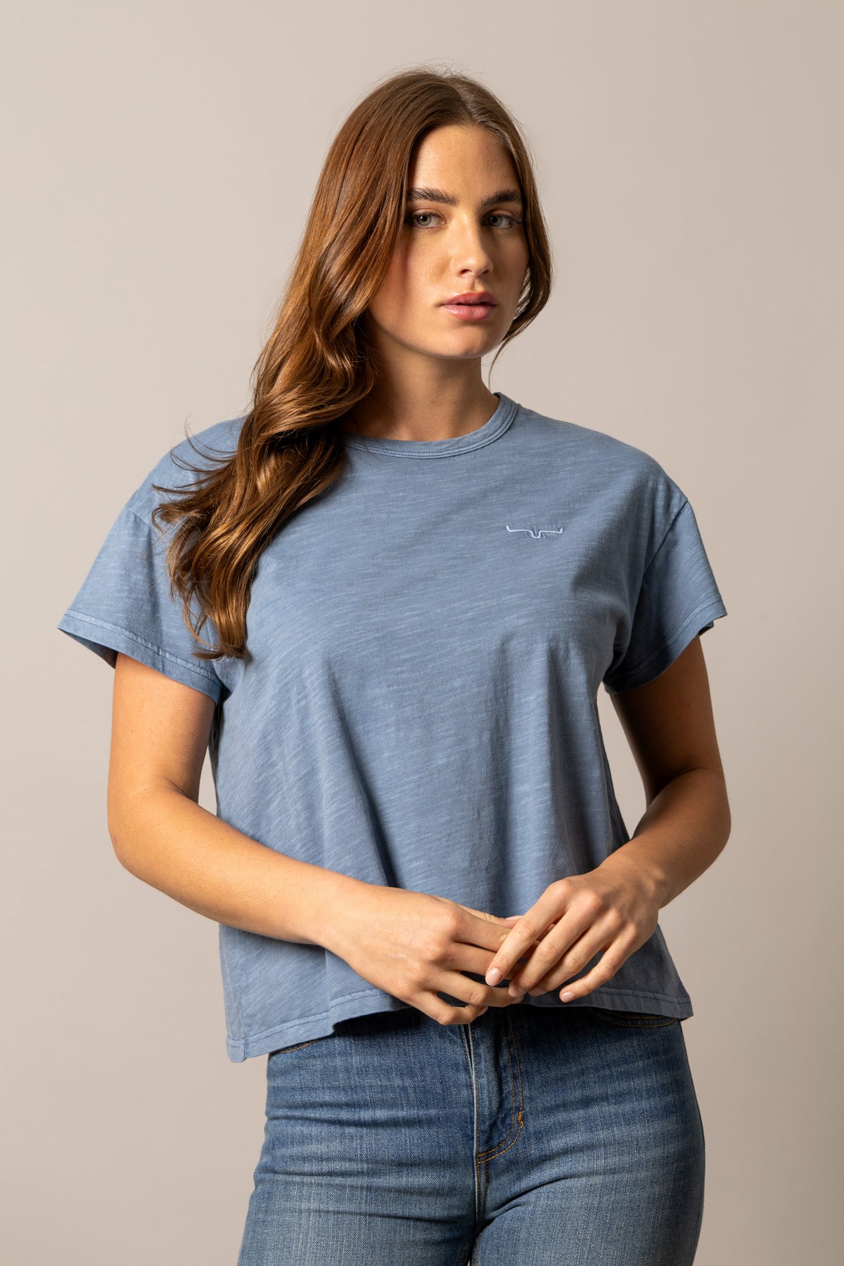 Kimes Ranch Hayloft shirt in Mid Blue with short sleeves and a Kimes Ranch logo on the chest