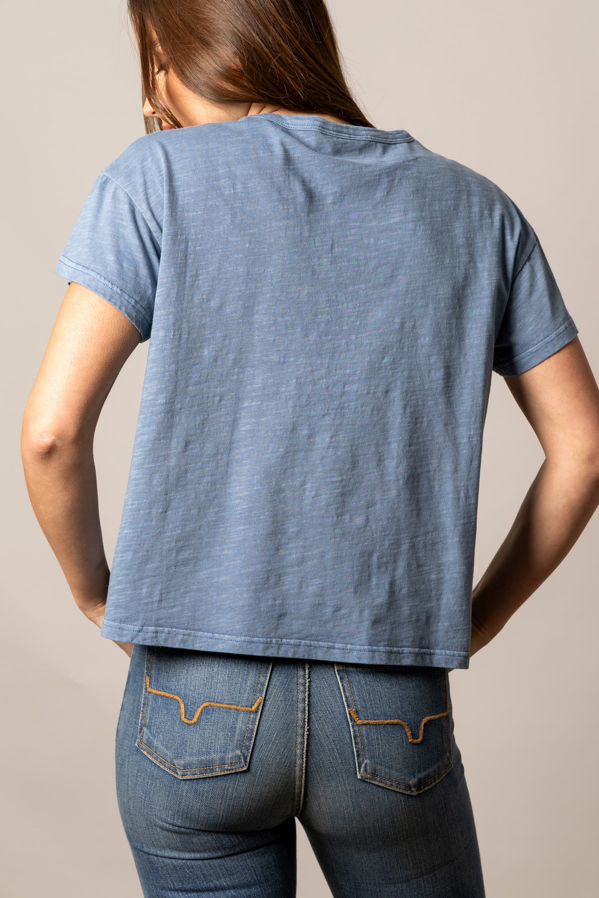 Kimes Ranch Hayloft shirt in Mid Blue, back view, with short sleeves and a relaxed fit