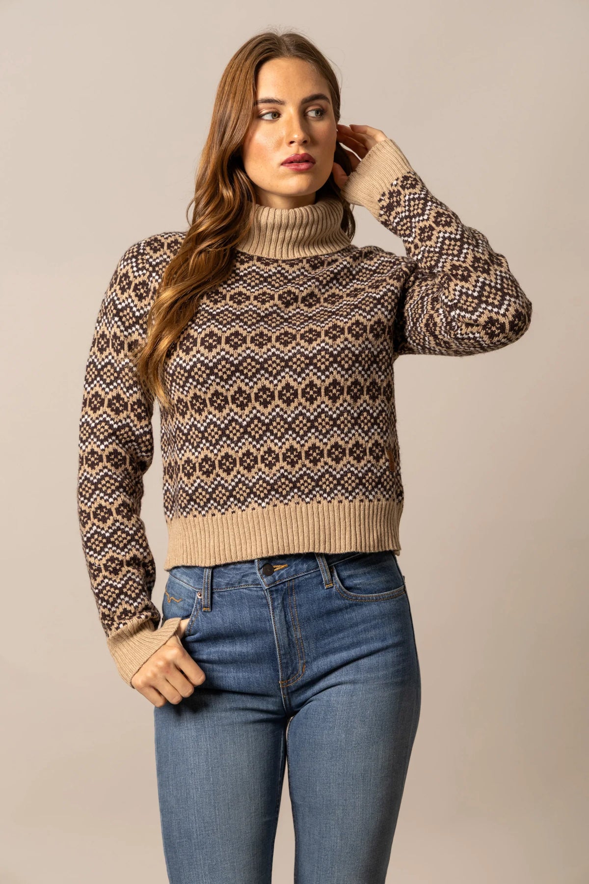 Kimes Ranch Hazel Turtleneck sweater in Coffee with a geometric pattern and ribbed trim