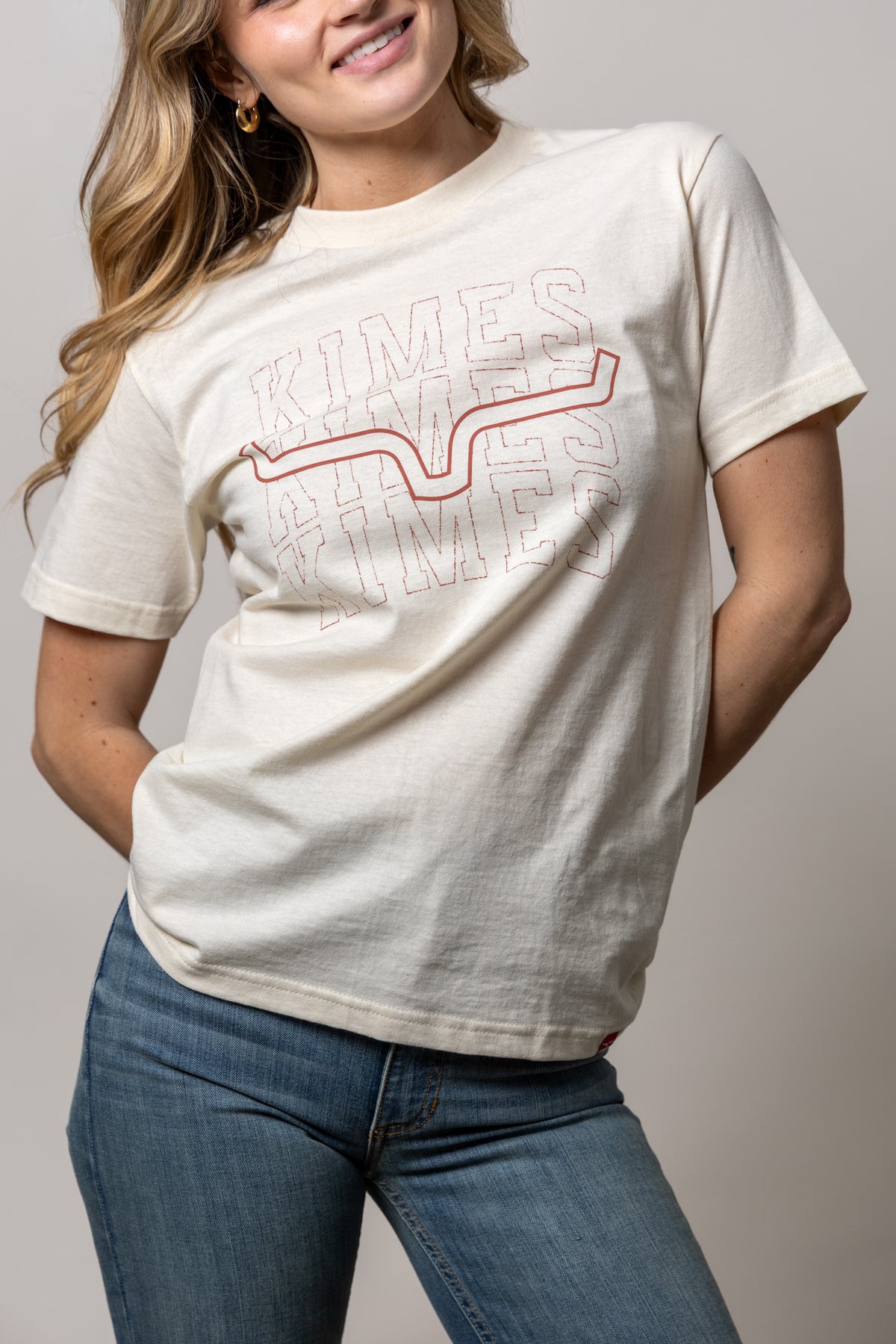 Kimes Ranch Heavy Branded shirt in Cream with a graphic of the word KIMES in red outline with a longhorn steer logo
