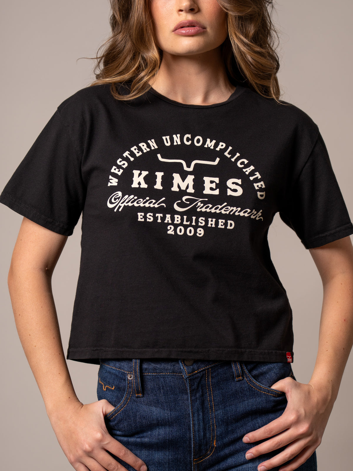 Kimes Ranch Heavy Text short sleeve shirt in Black with Western Uncomplicated Official Trademark Established 2009 graphic