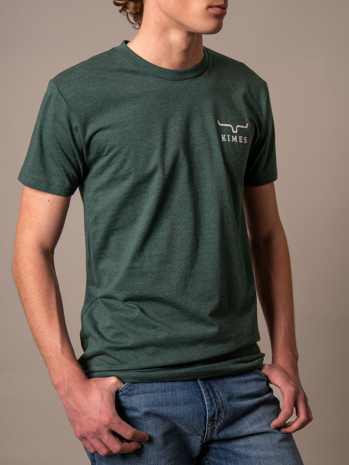 Kimes Ranch Heavy Text shirt in Heather Forest Green with a chest logo