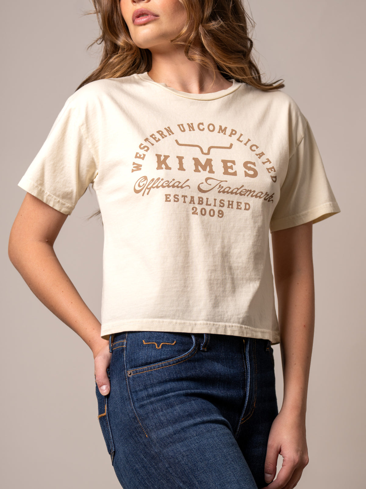 Kimes Ranch Heavy Text shirt in Ivory with a Western Uncomplicated Official Trademark Established 2009 graphic print