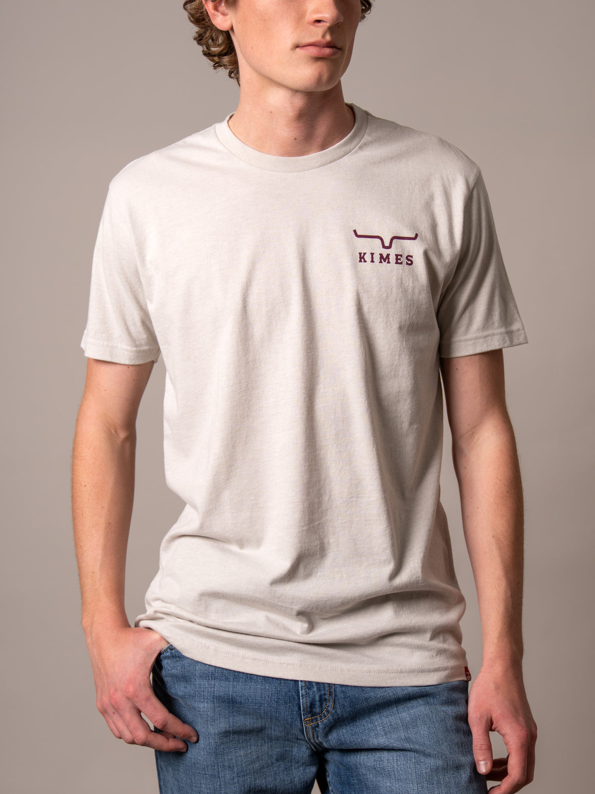 Kimes Ranch Heavy Text short sleeve shirt in Natural with a chest logo
