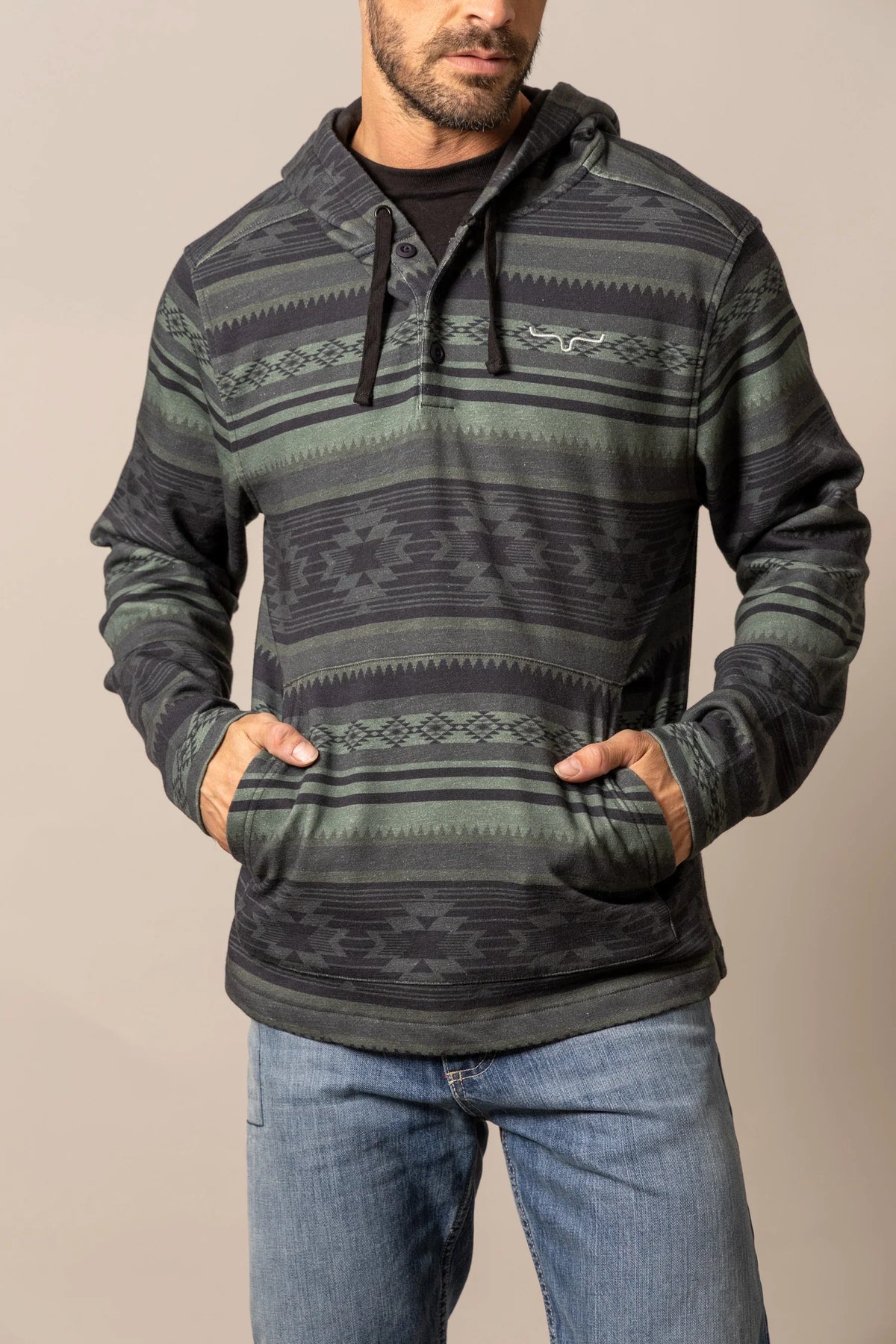 Kimes Ranch Hermosa Hoodie in Black with a geometric pattern and front kangaroo pocket