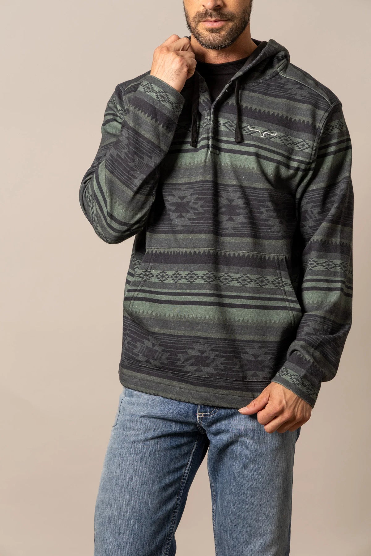 Kimes Ranch Hermosa Hoodie in Black with a geometric pattern and kangaroo pocket