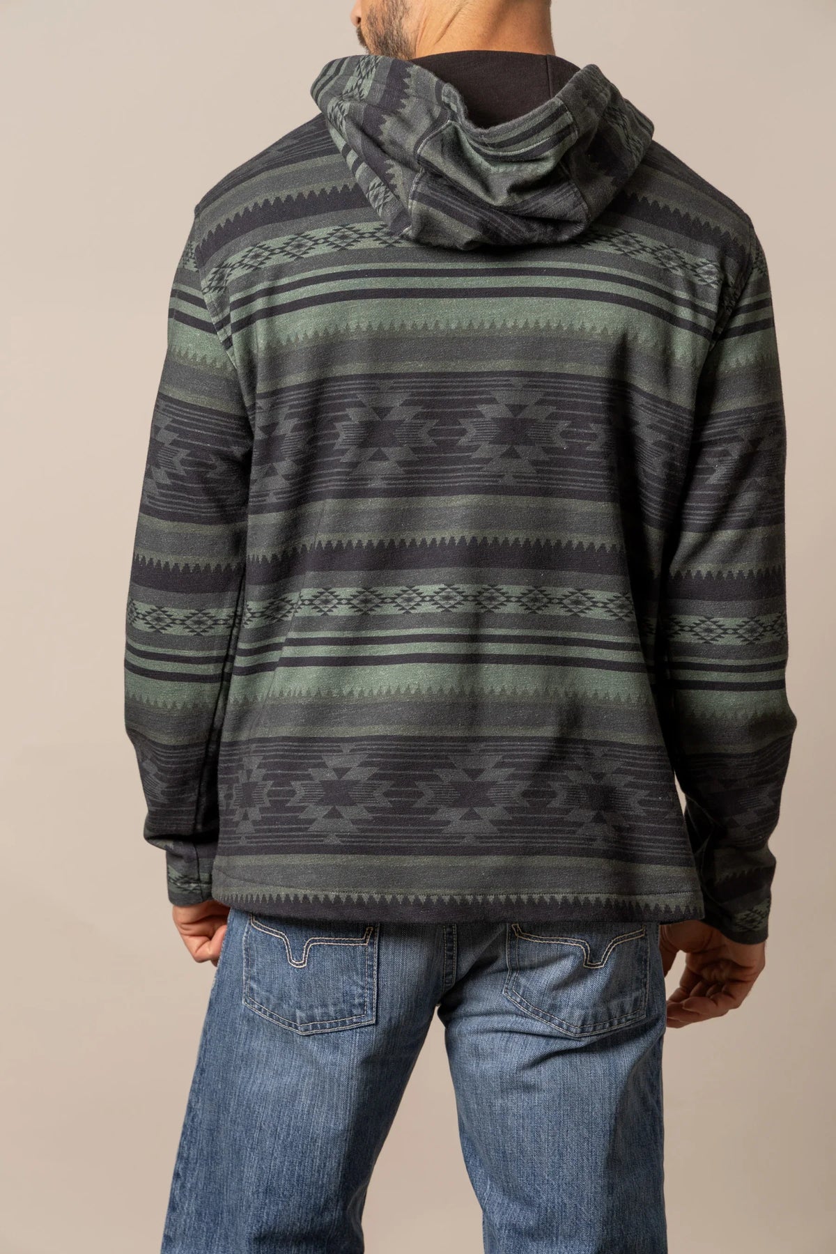 Kimes Ranch Hermosa Hoodie in Black, back view, with a hood and geometric pattern