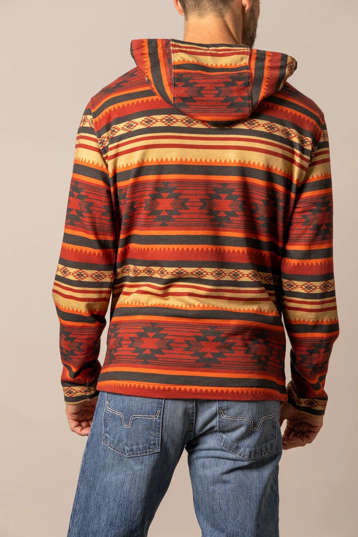 Kimes Ranch Hermosa Hoodie in Brick Red, back view, with a geometric pattern and hood