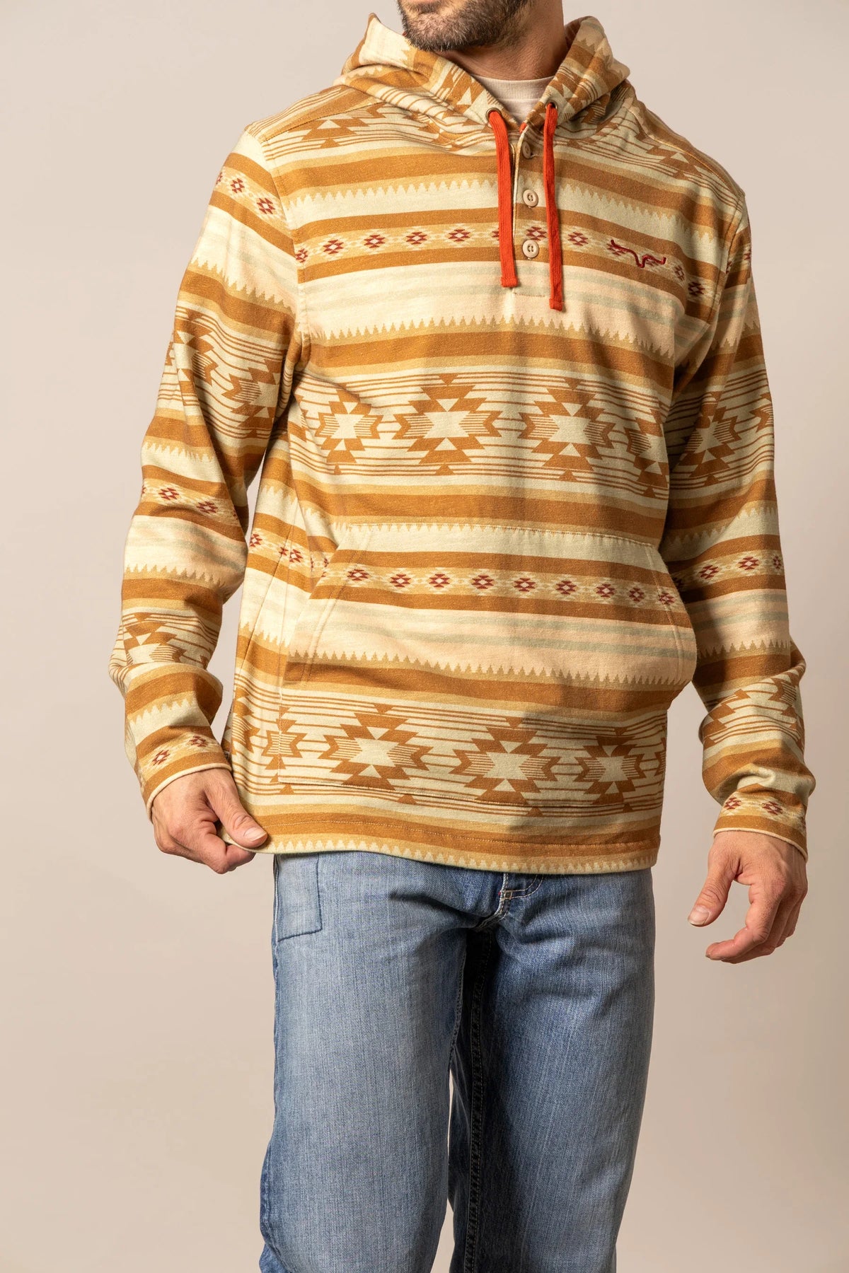 Kimes Ranch Hermosa Hoodie in Natural with a geometric pattern and orange drawstrings