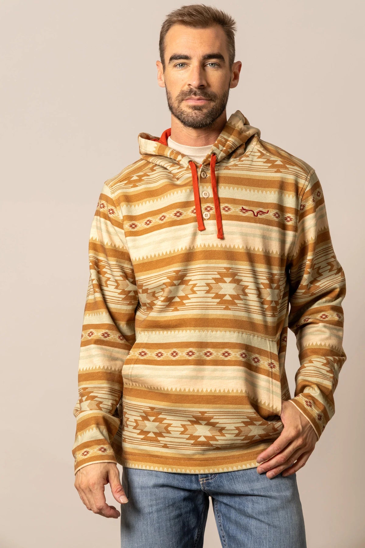 Kimes Ranch Hermosa Hoodie in Natural with a geometric pattern and orange drawstrings