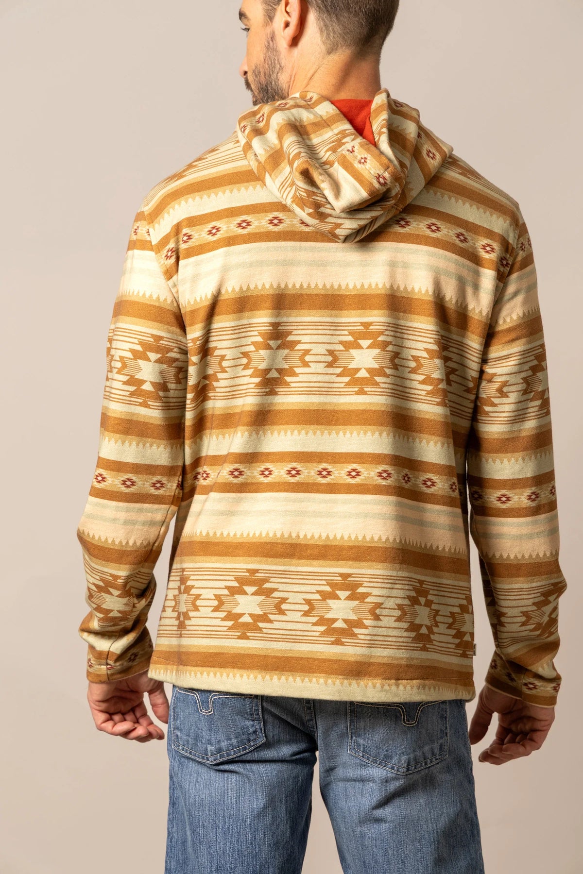Kimes Ranch Hermosa Hoodie in Natural, back view, with a geometric pattern and hood
