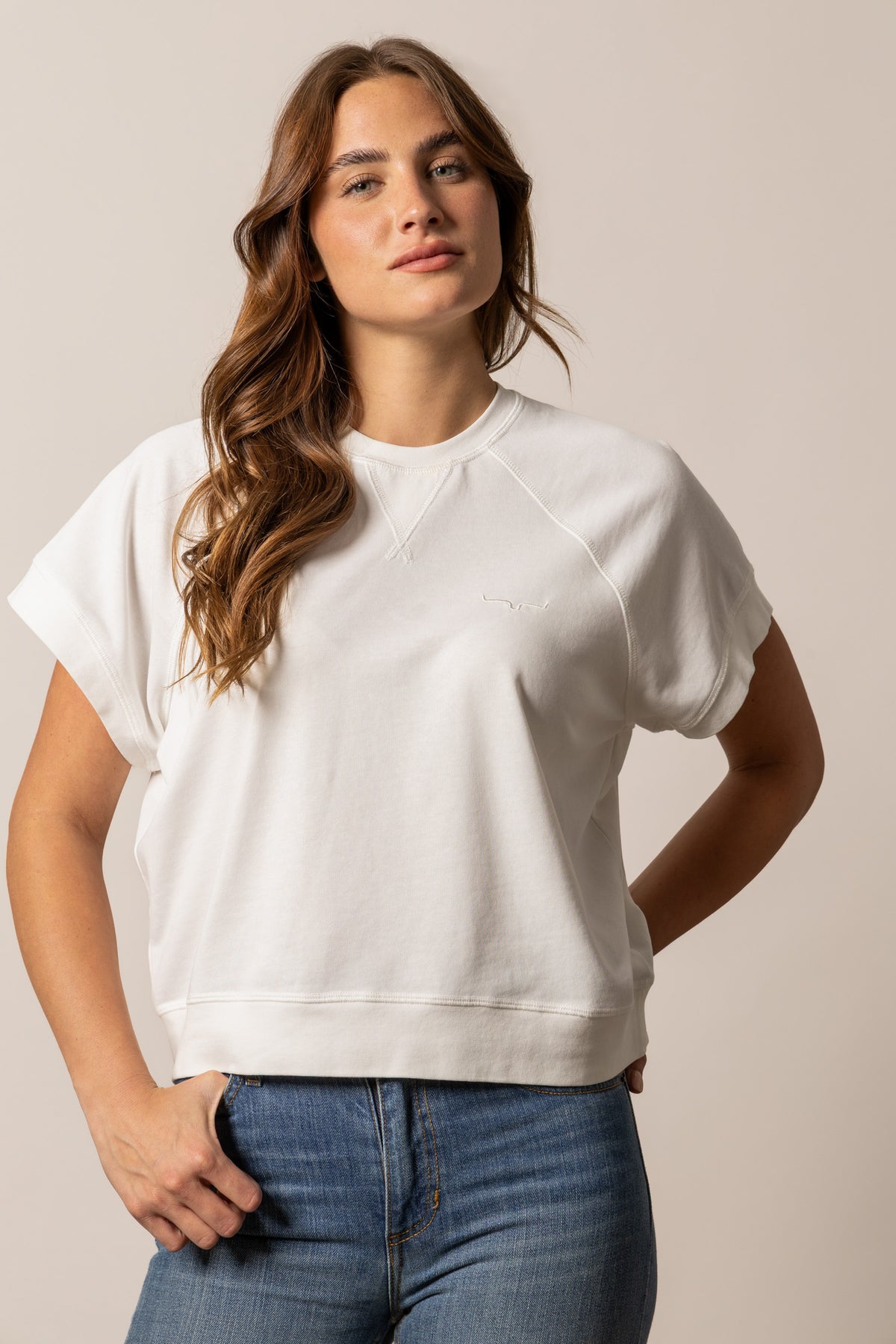 Kimes Ranch Holly sweatshirt in Pristine with short sleeves and a crewneck collar