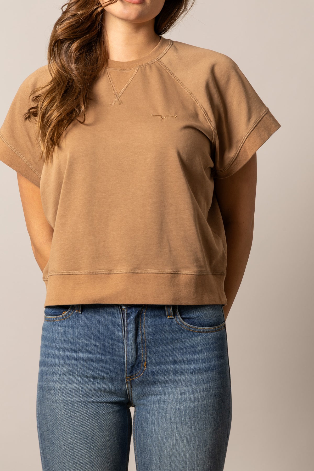 Kimes Ranch Holly sweatshirt in Tobacco with a crewneck and short sleeves
