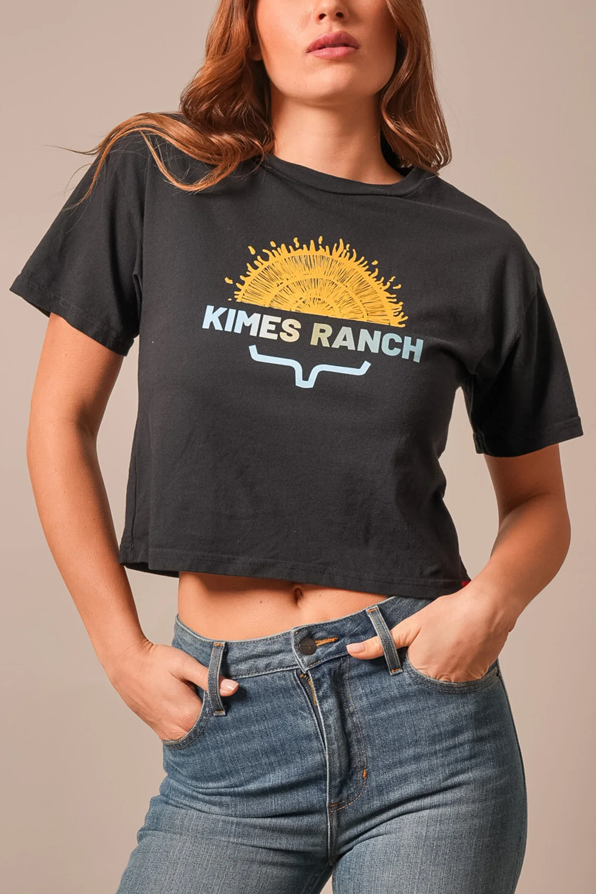 Kimes Ranch Home Grown Black short sleeve shirt with a yellow sun graphic and the words KIMES RANCH