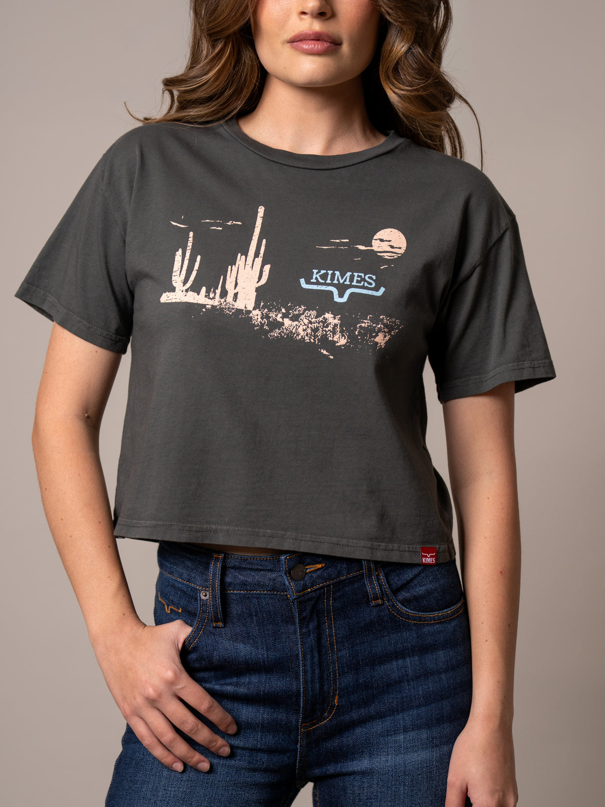 Kimes Ranch Horizon West shirt in Pepper with a desert landscape graphic and Kimes Ranch logo