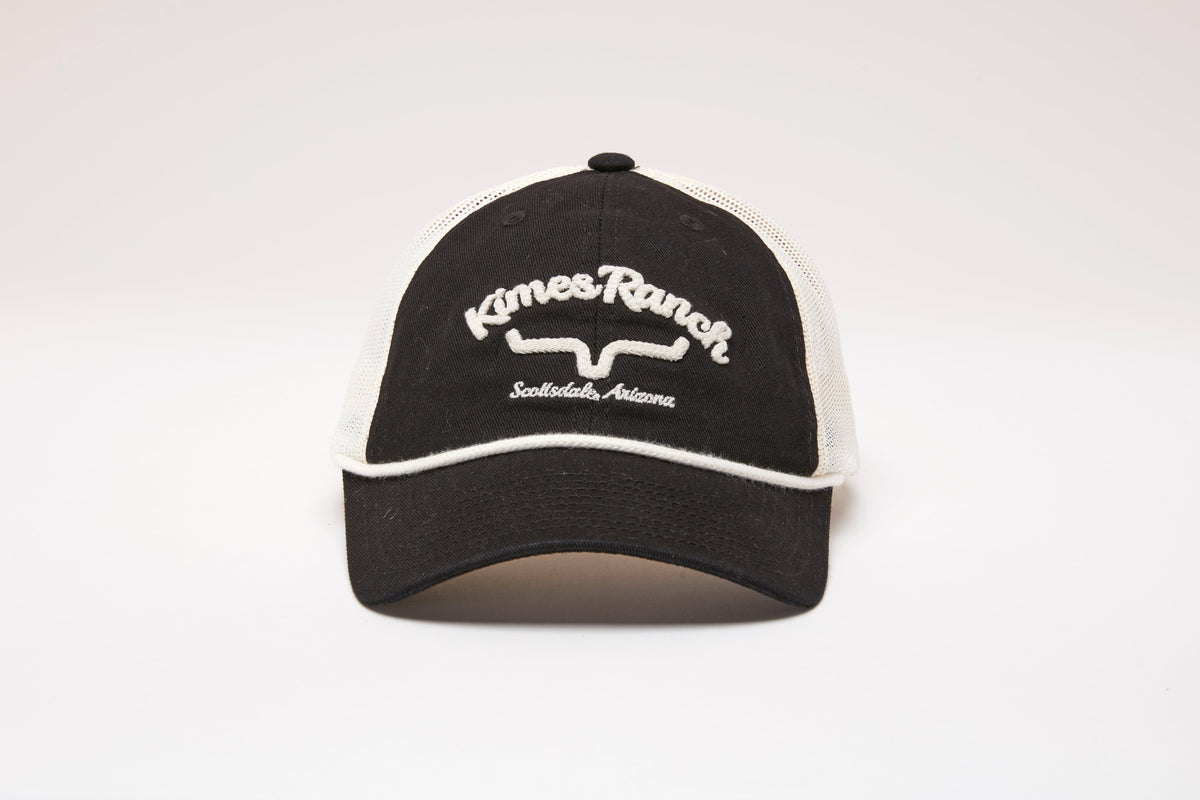 Kimes Ranch Hulett Hat in Black with white mesh back and embroidered Kimes Ranch logo with Scottsdale Arizona text