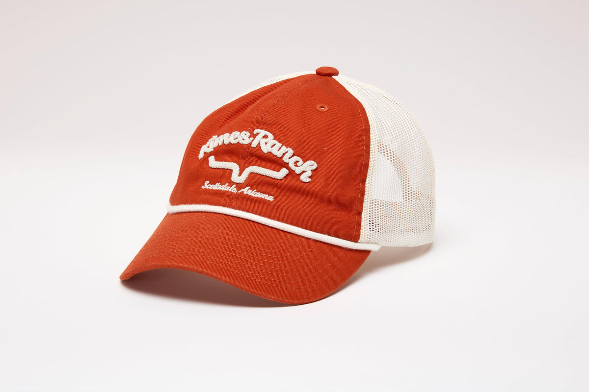 Kimes Ranch Hulett Hat in Rust, side view, with white mesh back and embroidered logo