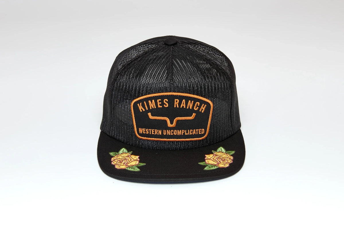 Kimes Ranch Hunton Trucker hat in Black with embroidered Kimes Ranch logo and yellow roses on the brim