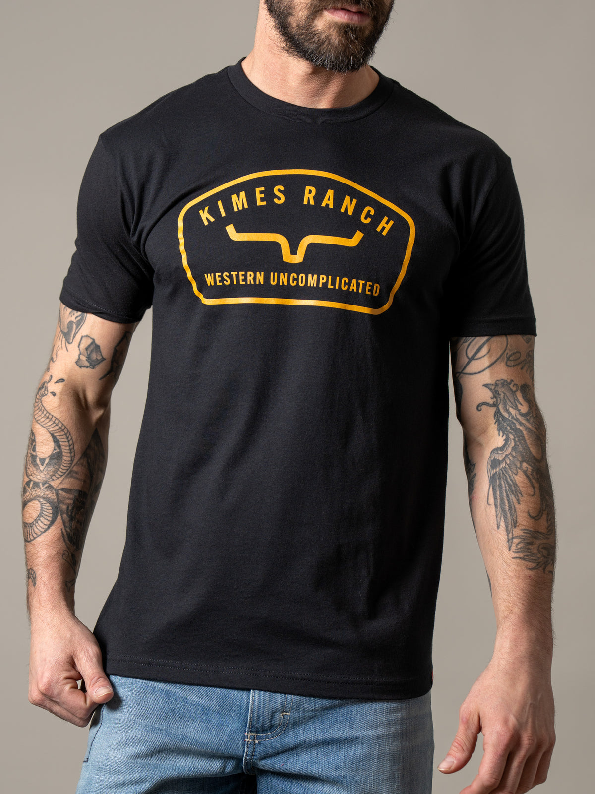 Kimes Ranch Hunton shirt in Black with a yellow Western Uncomplicated logo