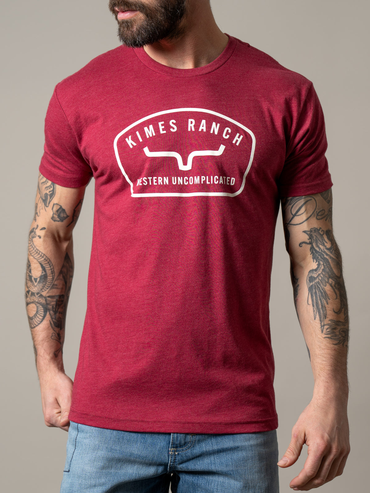 Kimes Ranch Hunton shirt in Cardinal with a white Kimes Ranch logo and Western Uncomplicated text