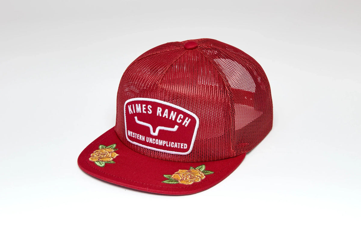 Kimes Ranch Hunton Trucker hat in Red with embroidered roses on the brim and a front logo patch
