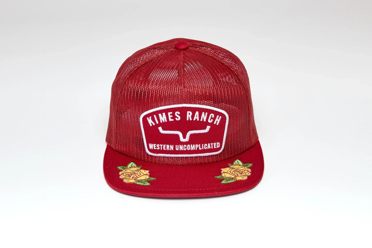 Kimes Ranch Hunton Trucker hat in Cardinal with embroidered Kimes Ranch logo and yellow roses on the brim