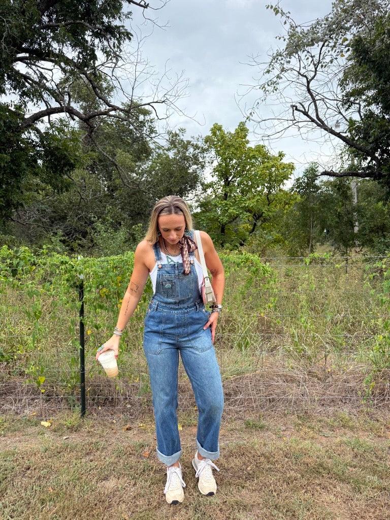 Kimes Ranch Billy Overalls in blue with rolled cuffs and front pockets