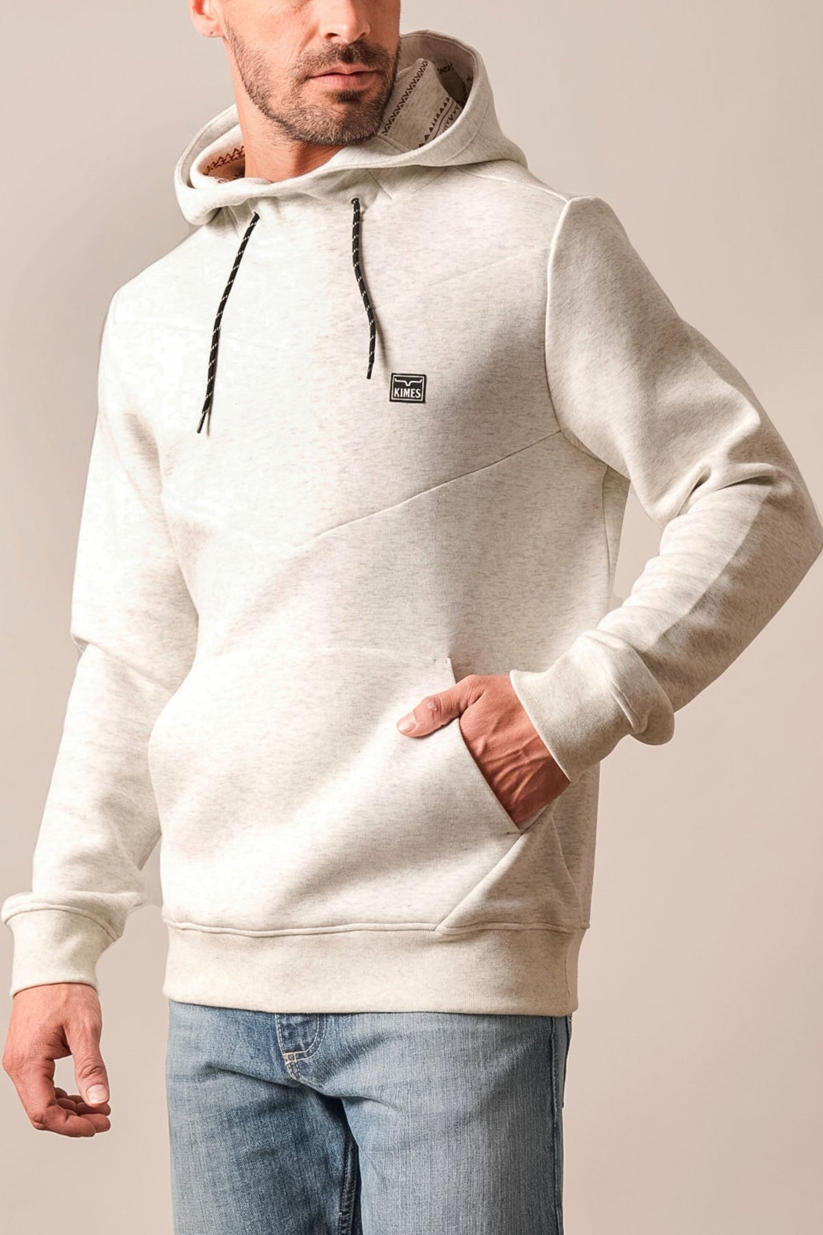Kimes Ranch Inman hoodie in Natural Heather with a front kangaroo pocket and a small logo patch