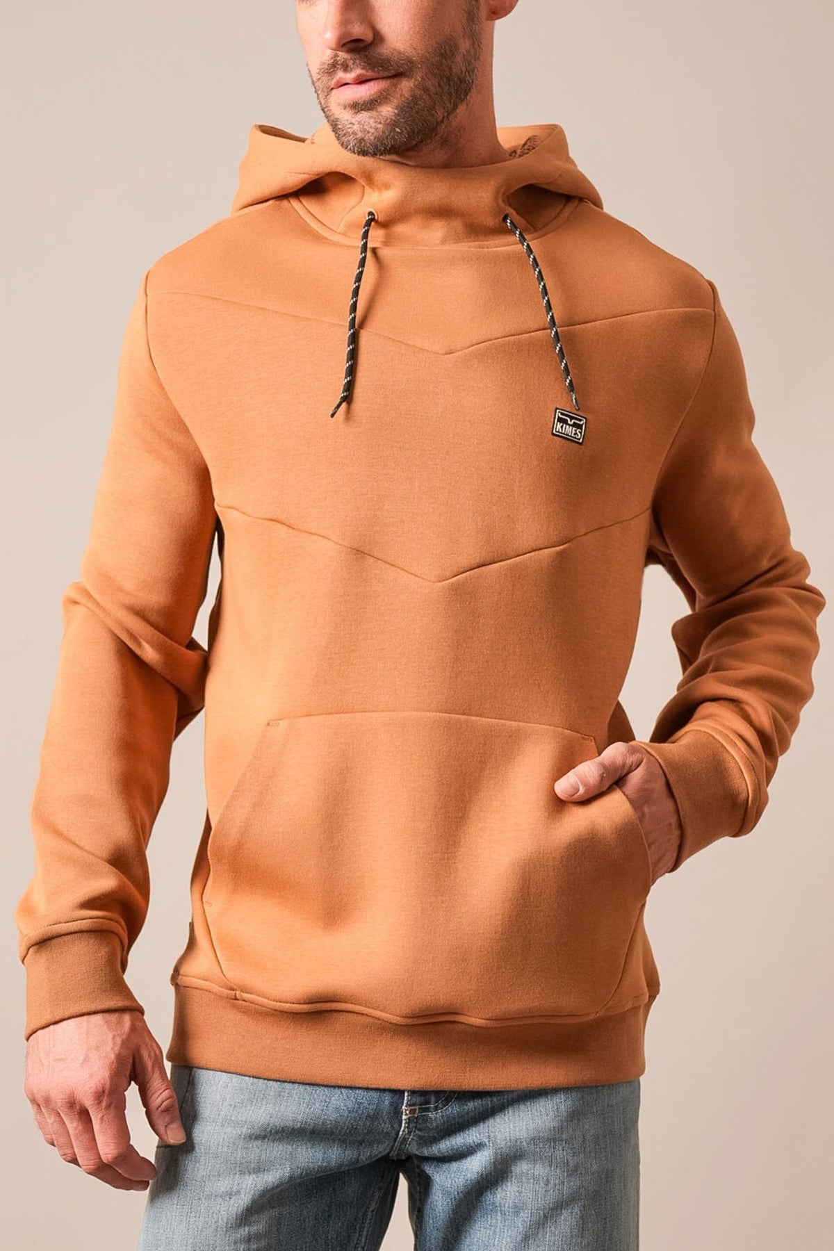 Kimes Ranch Inman hoodie in Work Wear Brown with a front kangaroo pocket and a small logo patch