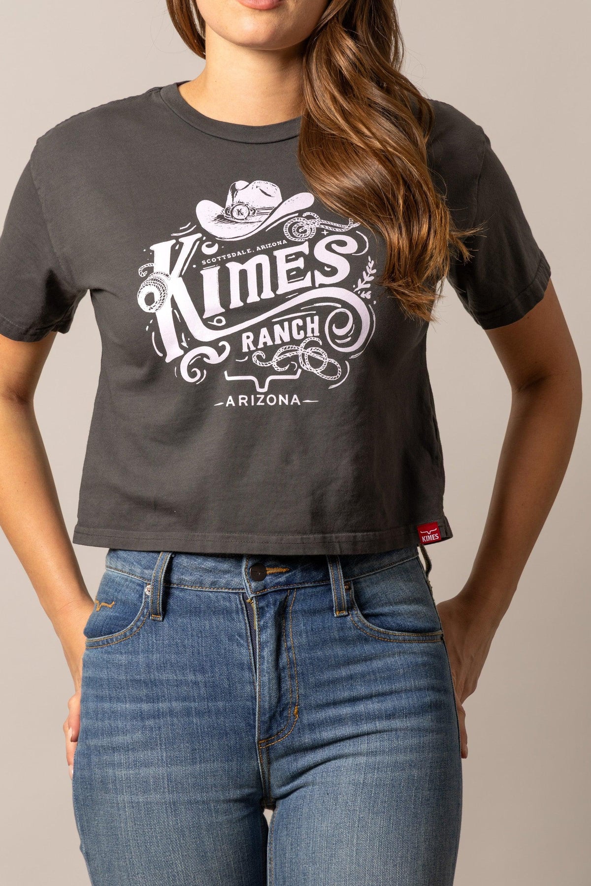 Kimes Ranch Invitation shirt in Pepper with a large white graphic featuring a cowboy hat, rope