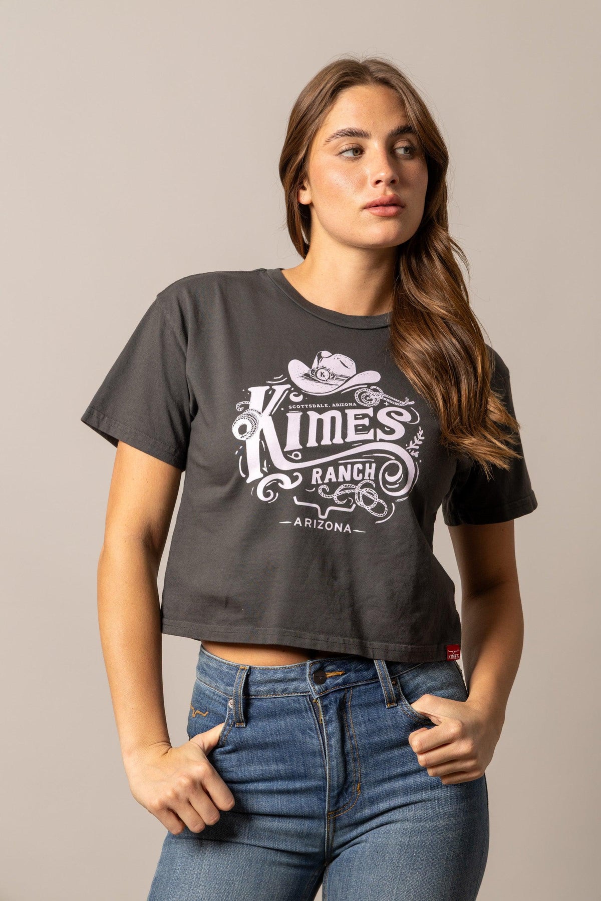Kimes Ranch Invitation shirt in Pepper with a front graphic featuring a cowboy hat and the text Scottsdale Arizona