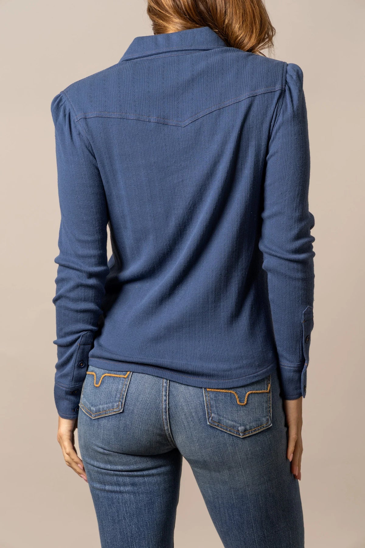 Kimes Ranch Isabel Pointelle top in Dark Blue, back view, with a back yoke and long sleeves