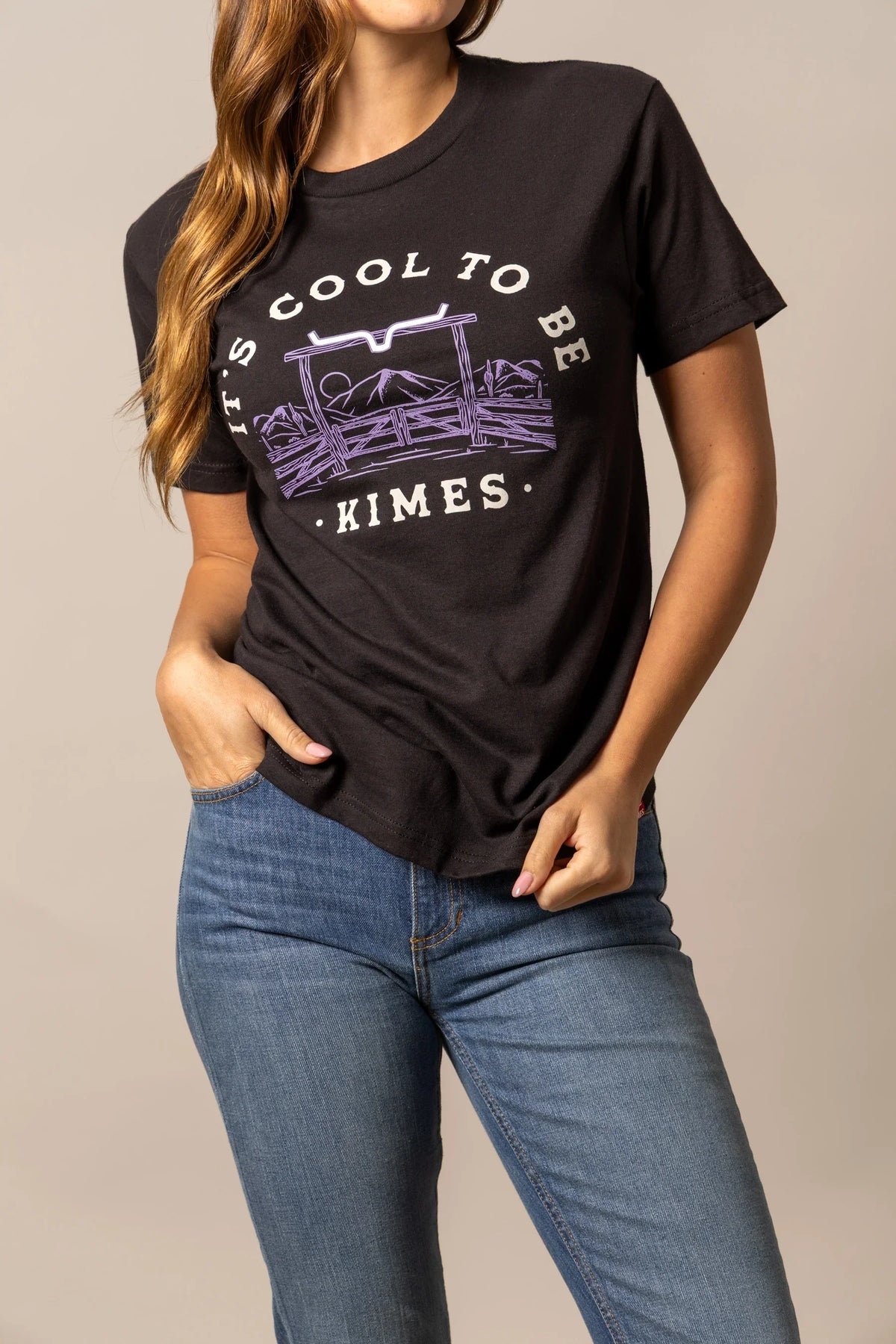 Kimes Ranch It's Cool to be Kimes Black shirt with a graphic of a corral and mountains and the text It's Cool to be Kimes