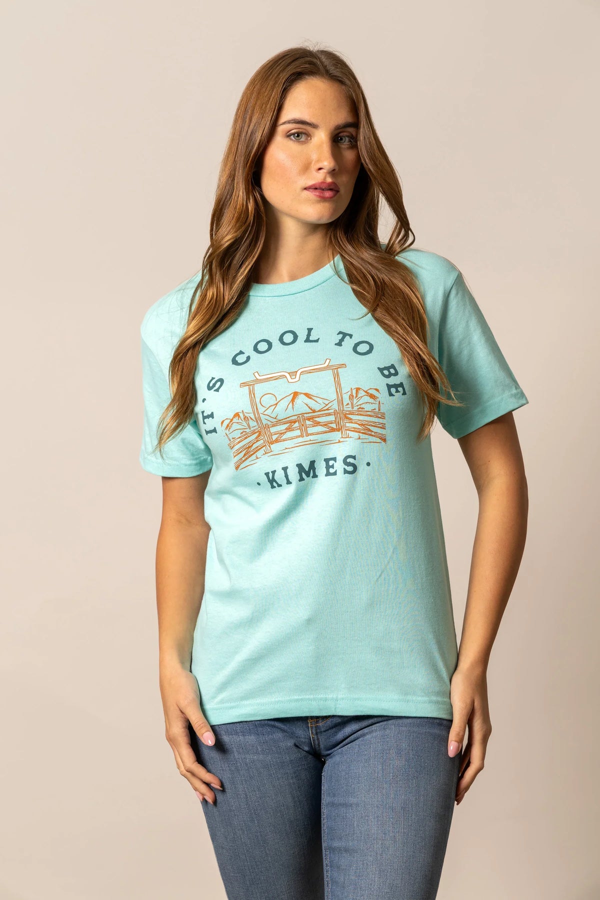 Kimes Ranch It's Cool to be Kimes shirt in Light Blue with a fence graphic and text