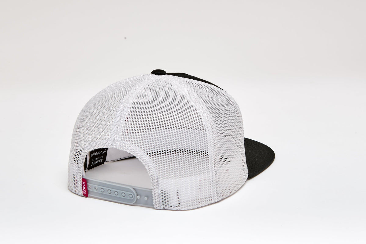 Kimes Ranch Jack Trucker Hat in Black, back view, with white mesh back and grey adjustable strap