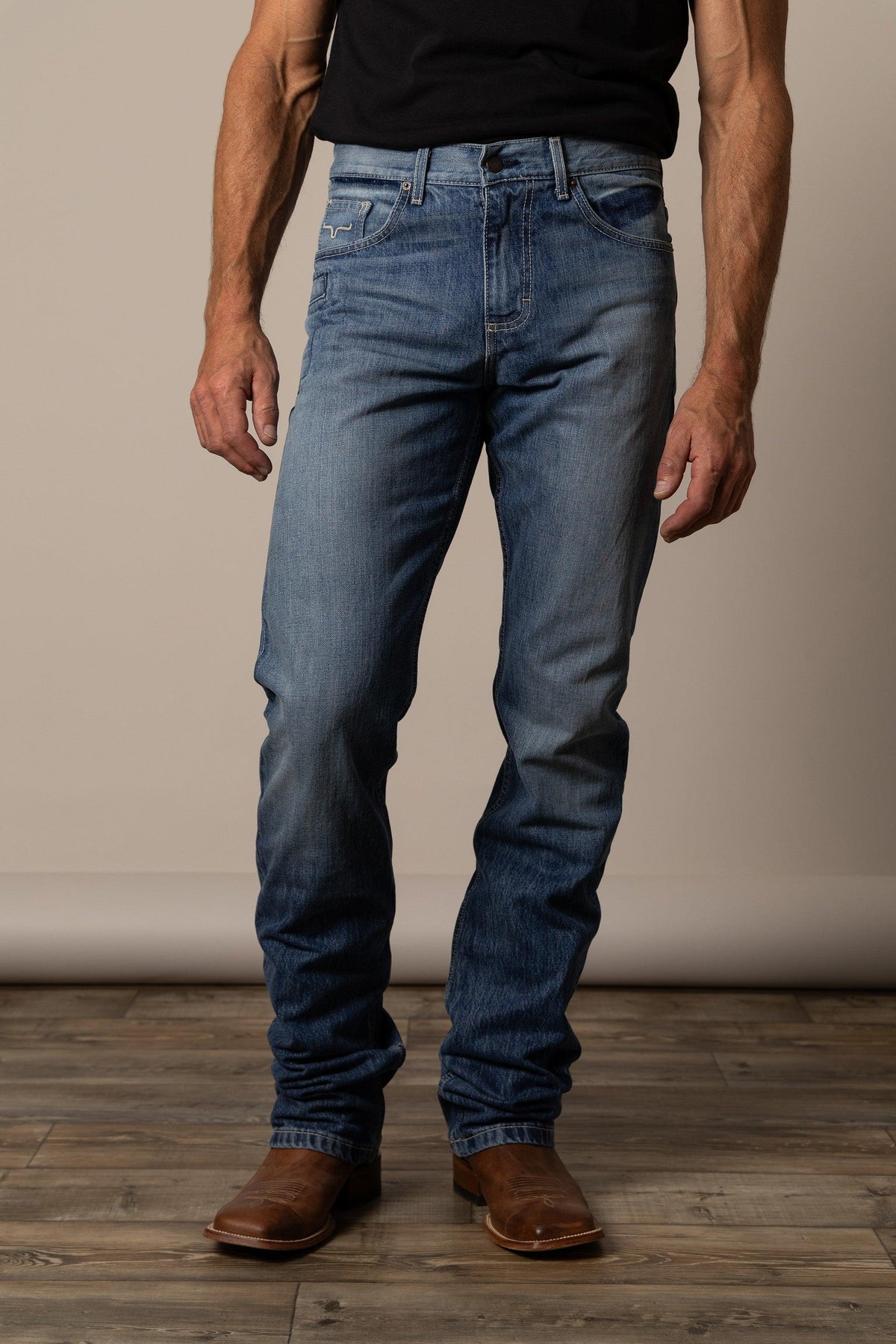 Kimes Ranch James Straight Fit Bootcut jeans in Mid Wash with front pockets and a classic five-pocket design