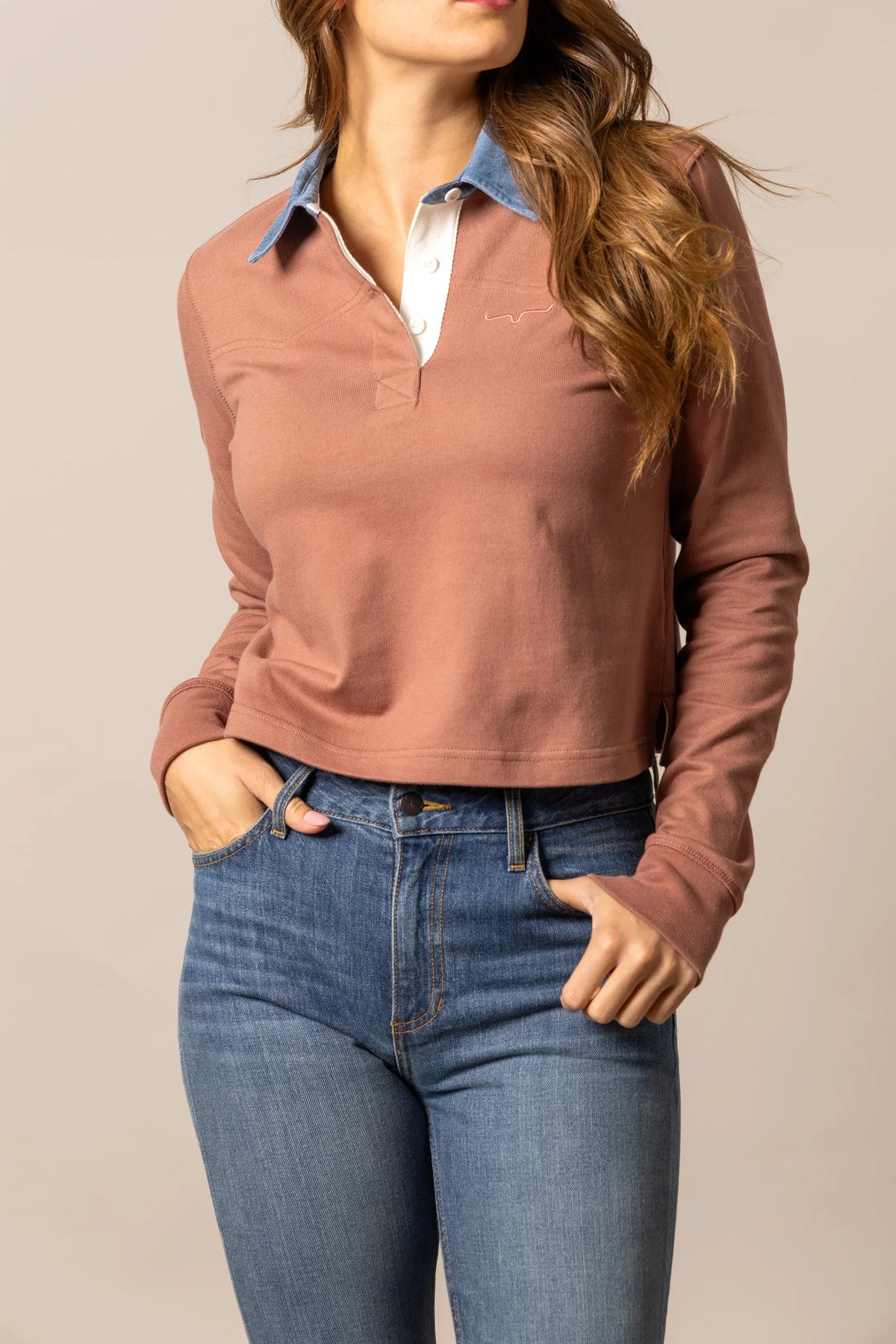 Kimes Ranch Jamila Rugby top in Mauve with a collar and white placket