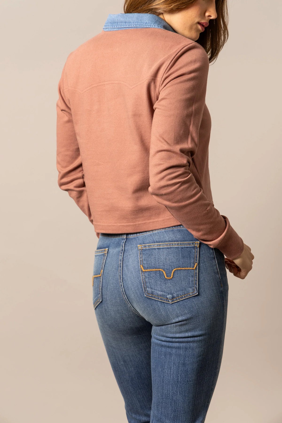 Kimes Ranch Jamila Rugby top in Mauve, back view, with a contrasting collar and back yoke detail