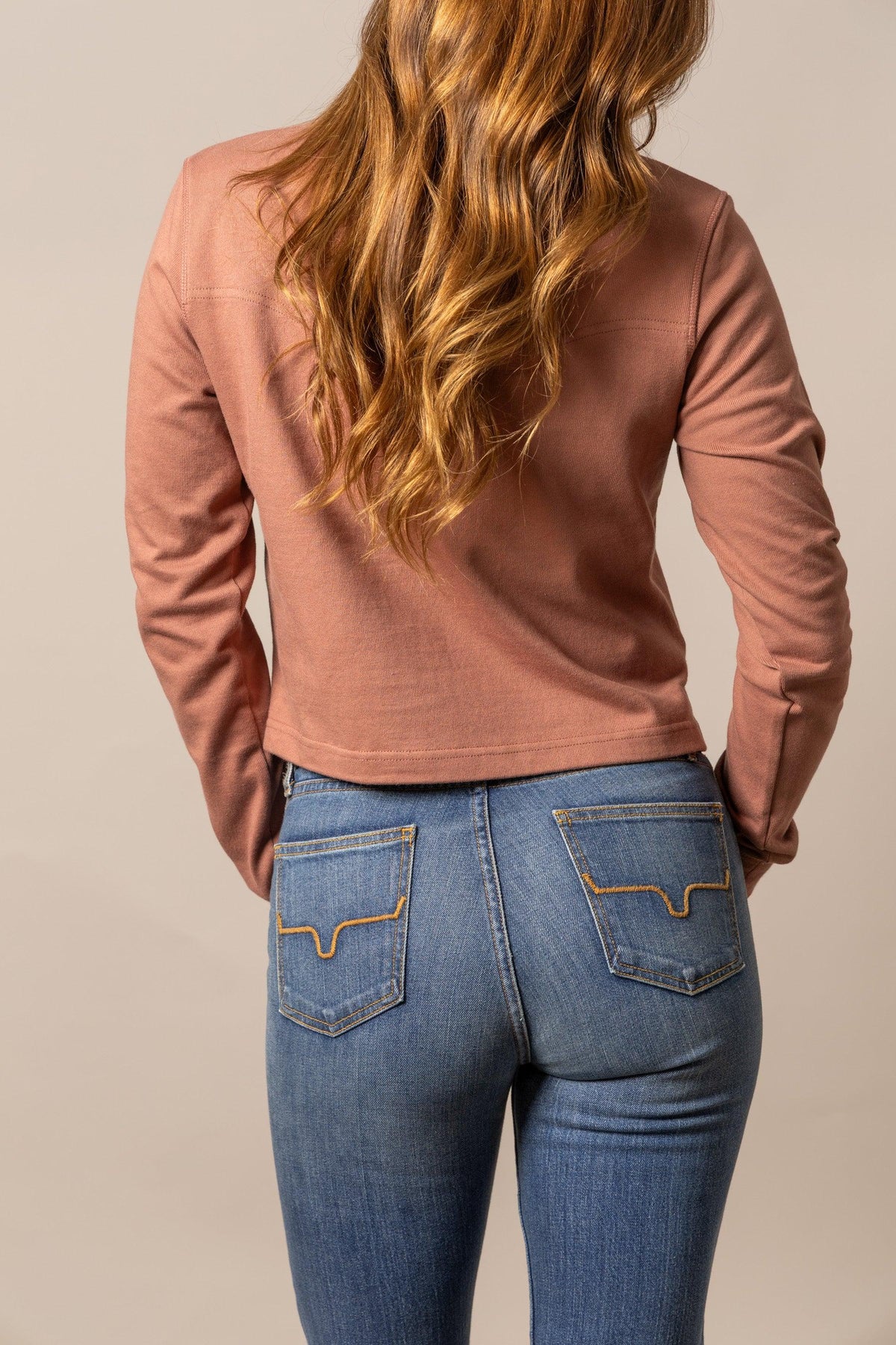 Kimes Ranch Jamila Rugby top in Mauve, back view, with long sleeves and a back yoke seam