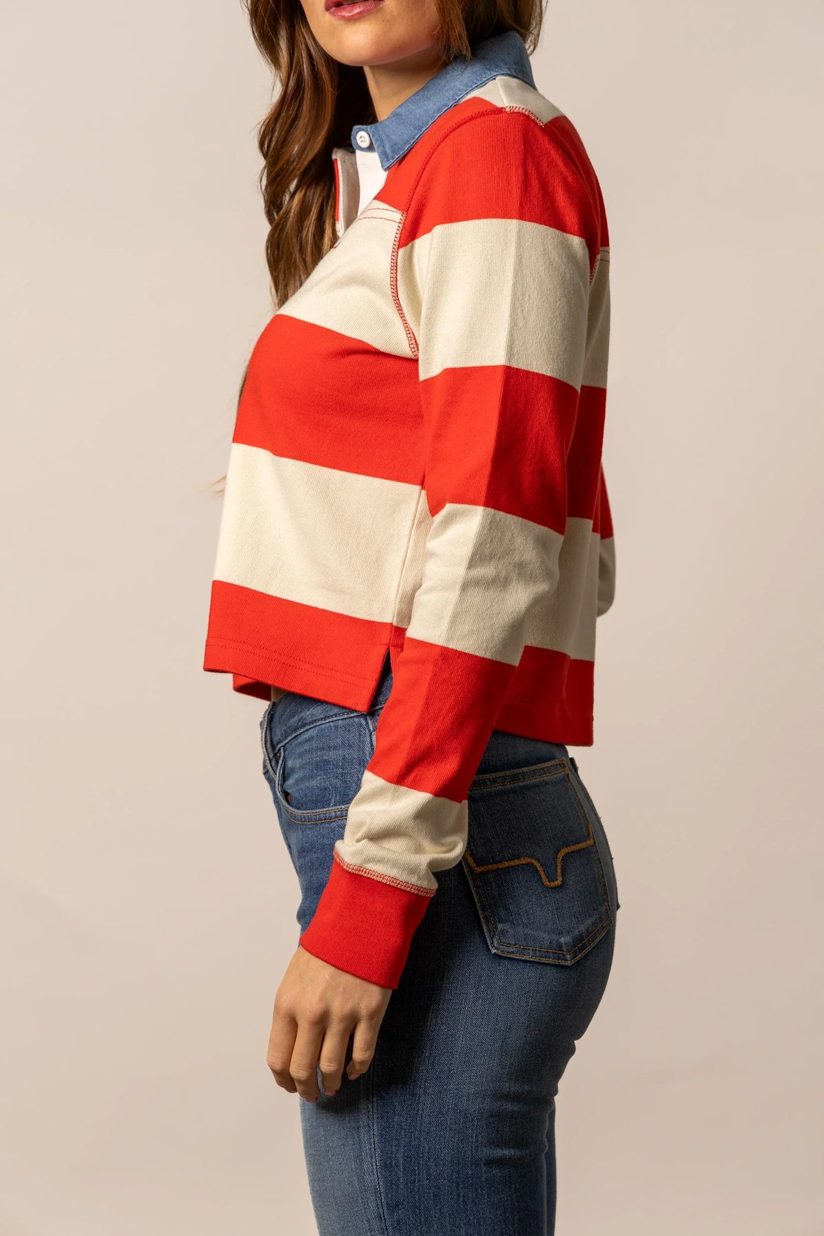 Kimes Ranch Jamila Rugby top in Red, side view, with cream horizontal stripes and a collar