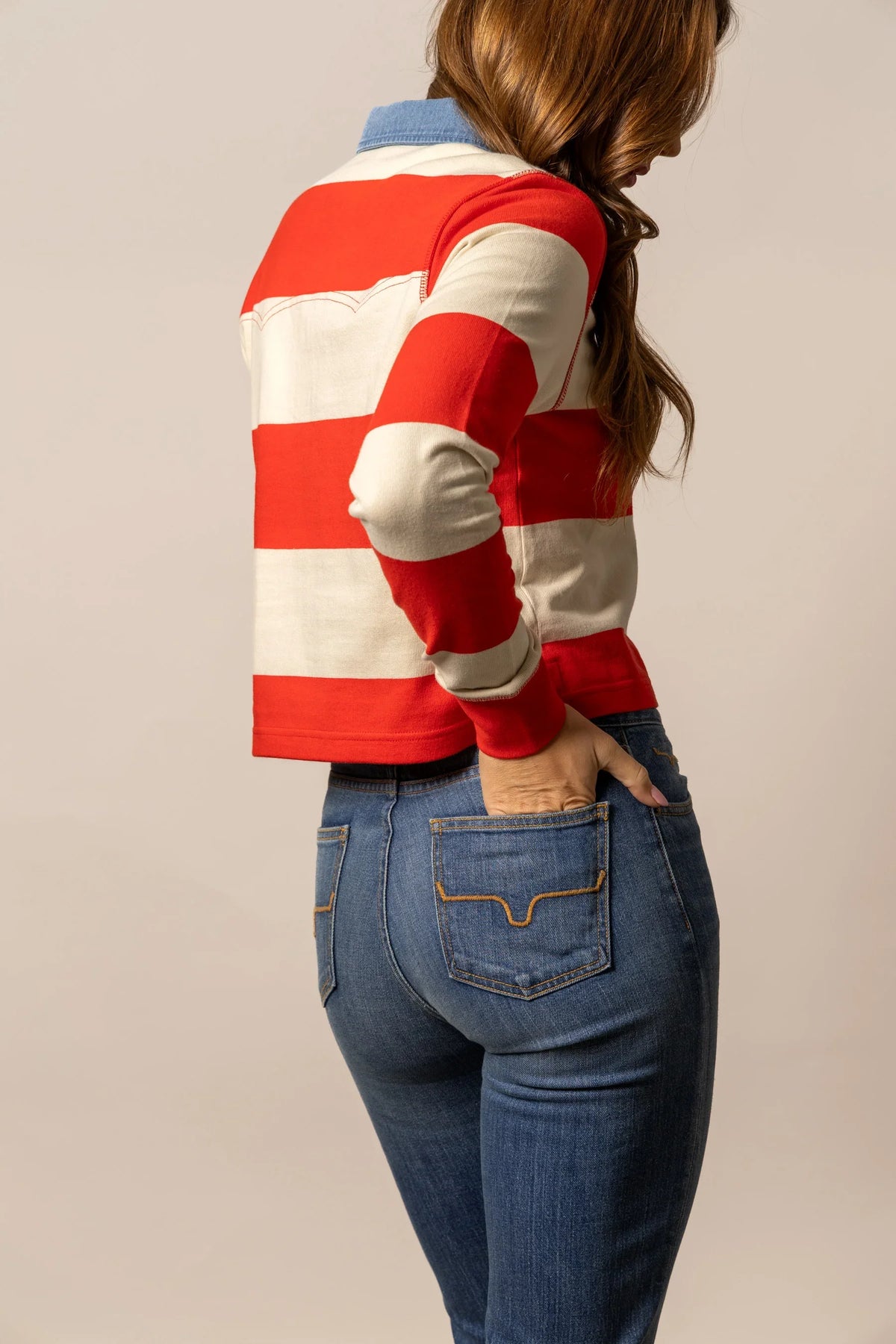 Kimes Ranch Jamila Rugby top in Red, side view, with cream horizontal stripes and a collar