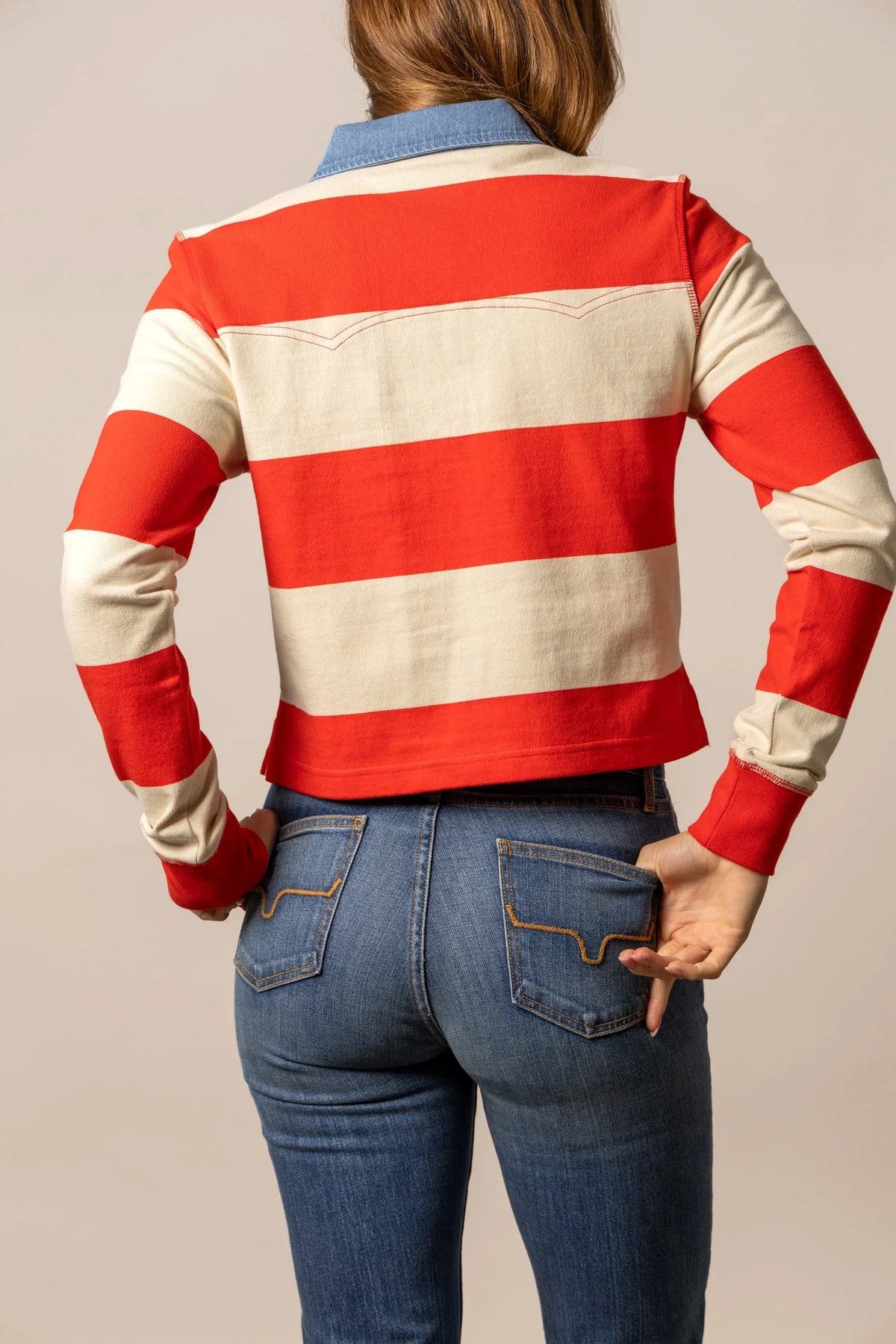 Kimes Ranch Jamila Rugby top in Red, back view, with cream horizontal stripes and a collar