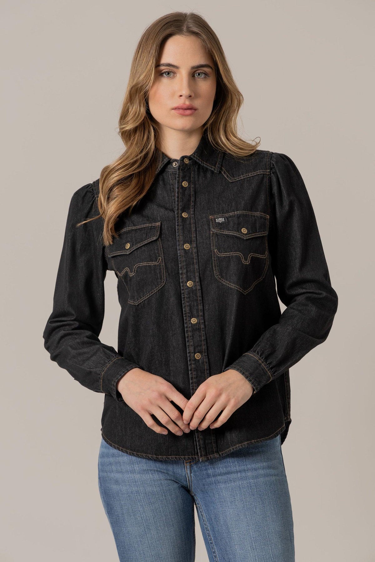 Kimes Ranch Jane Denim Snap top in Black with long sleeves, snap front, and western yoke