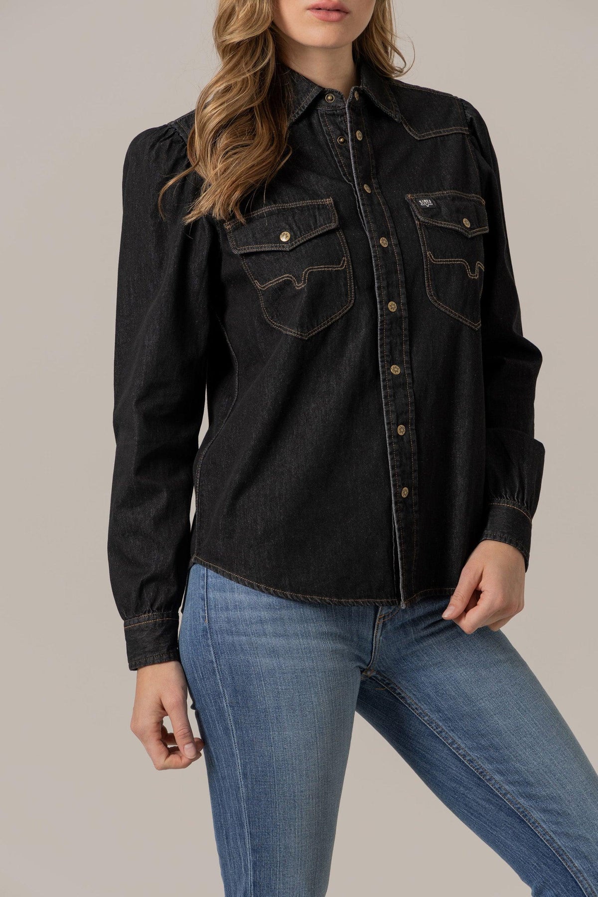 Kimes Ranch Jane Denim Snap top in Black with long sleeves and two chest pockets