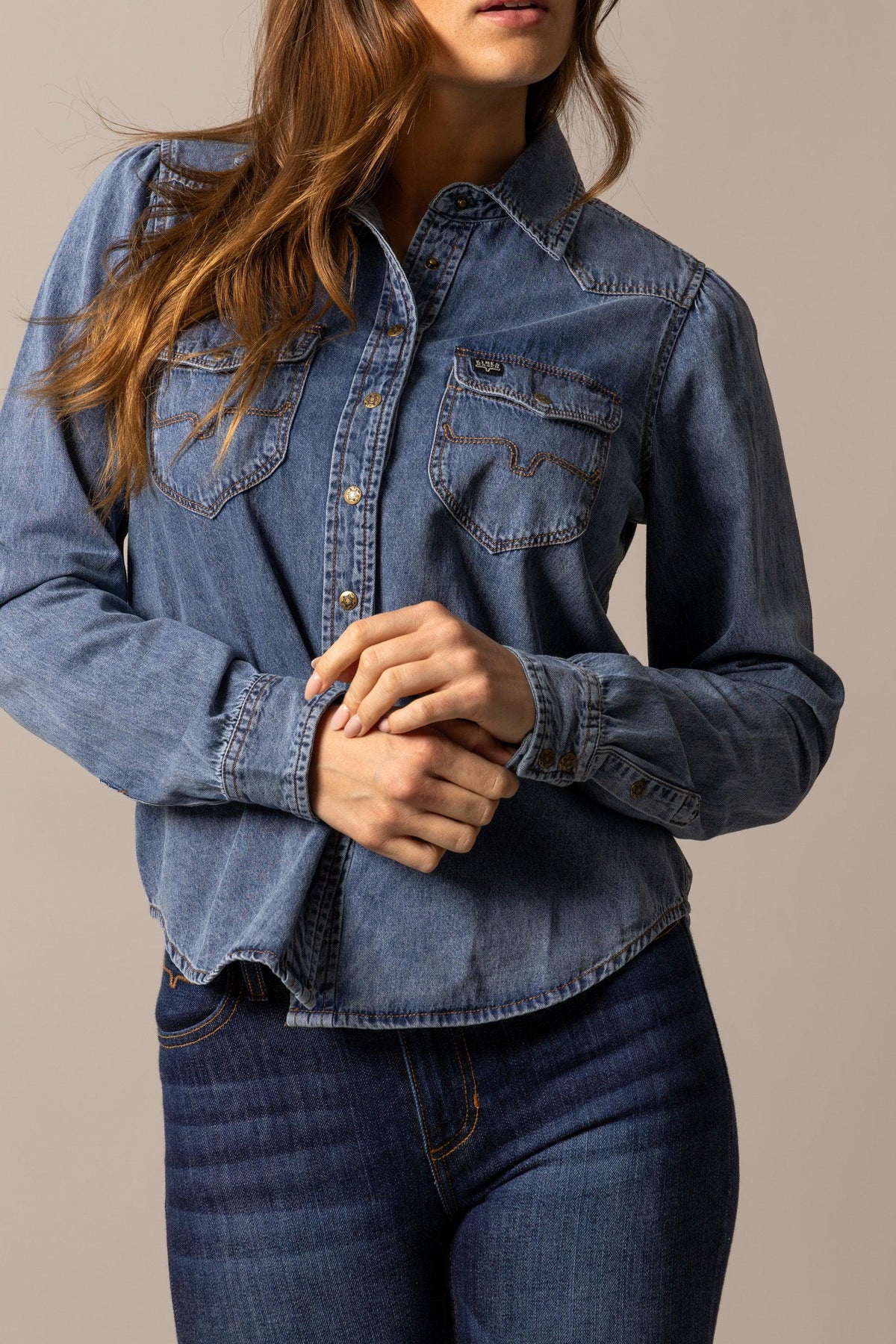 Kimes Ranch Jane Denim Snap top in Indigo Blue with snap front and western yoke