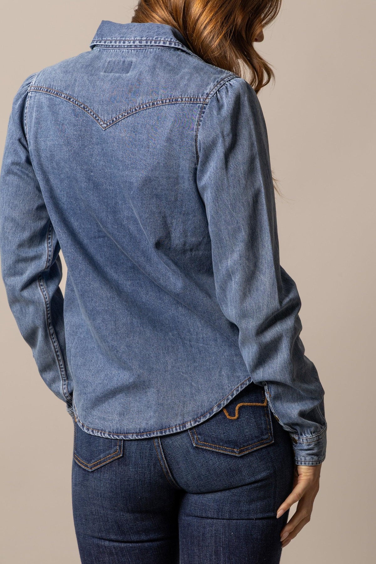 Kimes Ranch Jane Denim Snap top in Indigo Blue, back view, with a back yoke and long sleeves